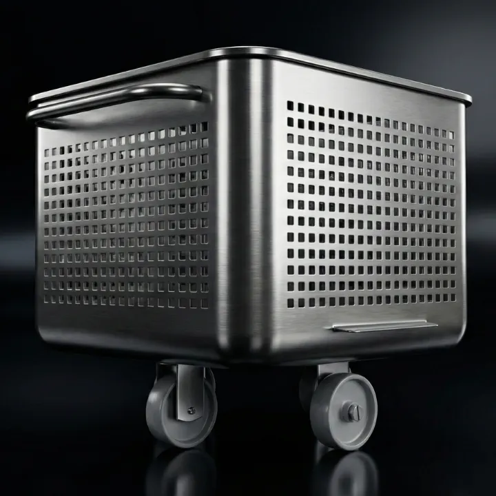 Side profile of perforated Euro tub with lifting brackets.