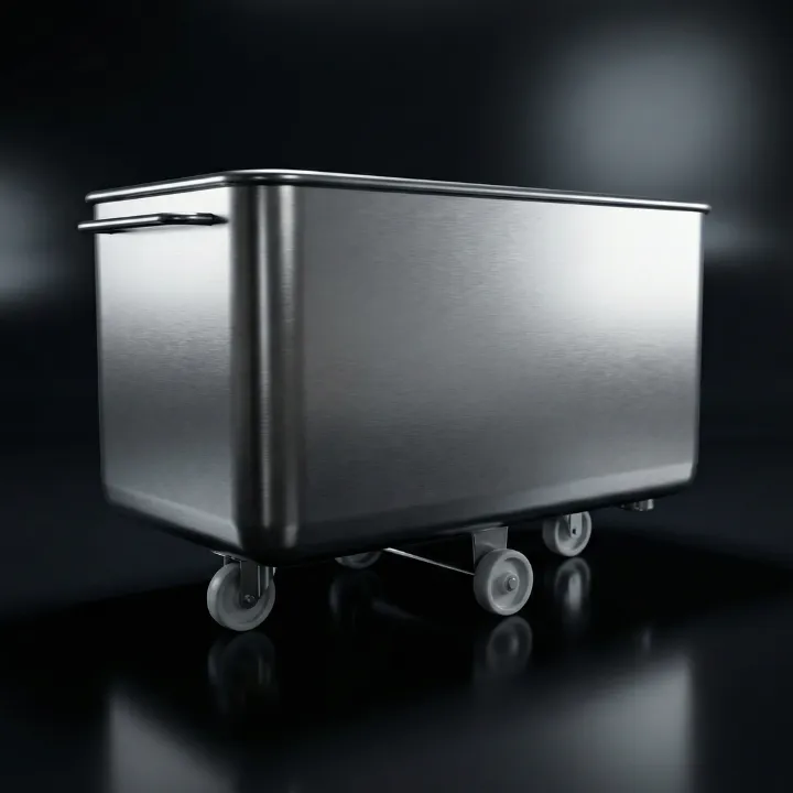 Stainless steel Trough vehicle 450 L, angled view, meat processing equipment Tracz.