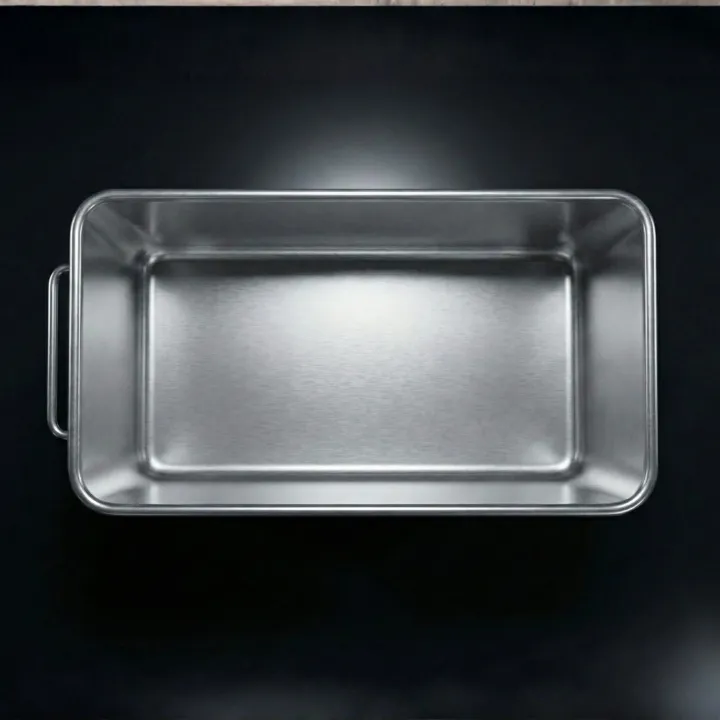 Interior of Trough vehicle 450 L, top view, hygienic stainless steel finish.