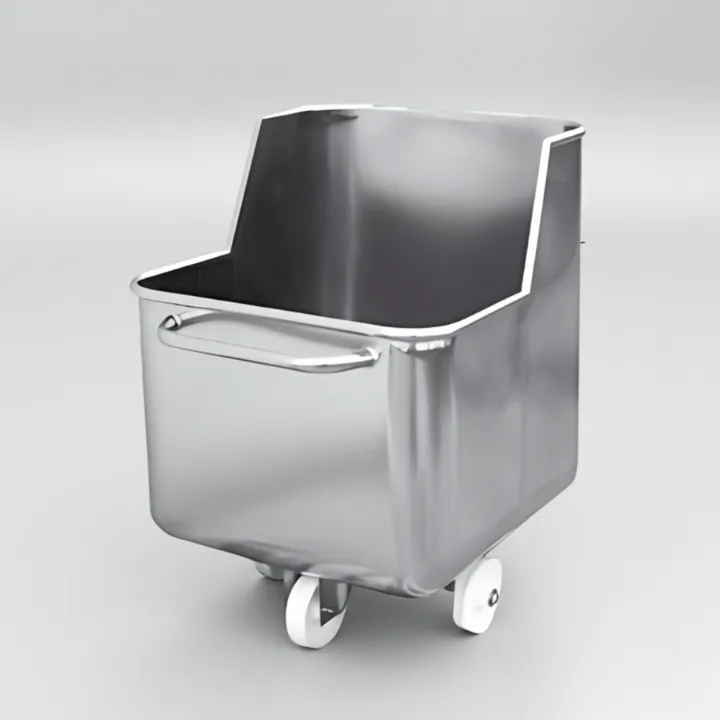 200L stainless steel stuffing cart with raised front side, angled view