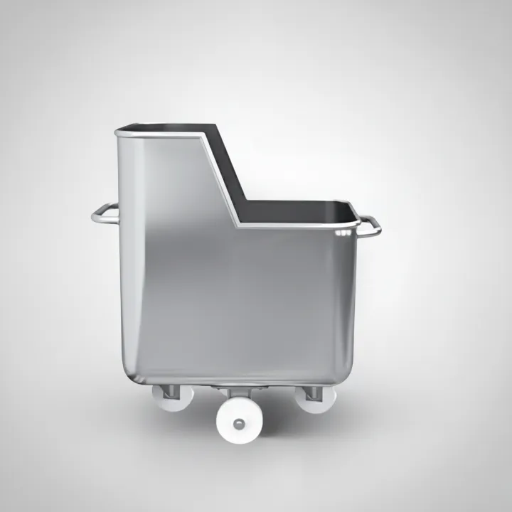 200L stainless steel stuffing cart with raised front side, side view